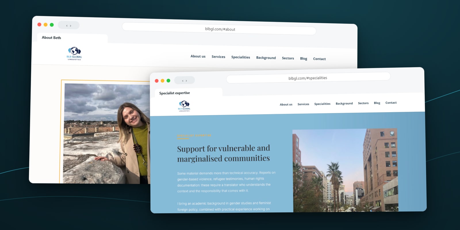 BLB Global Linguistics About section with a photo of Beth Beattie, and the specialist expertise section
