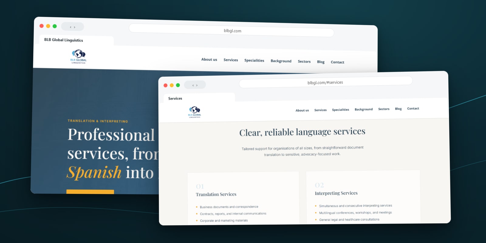 BLB Global Linguistics homepage and services section shown in desktop browser windows