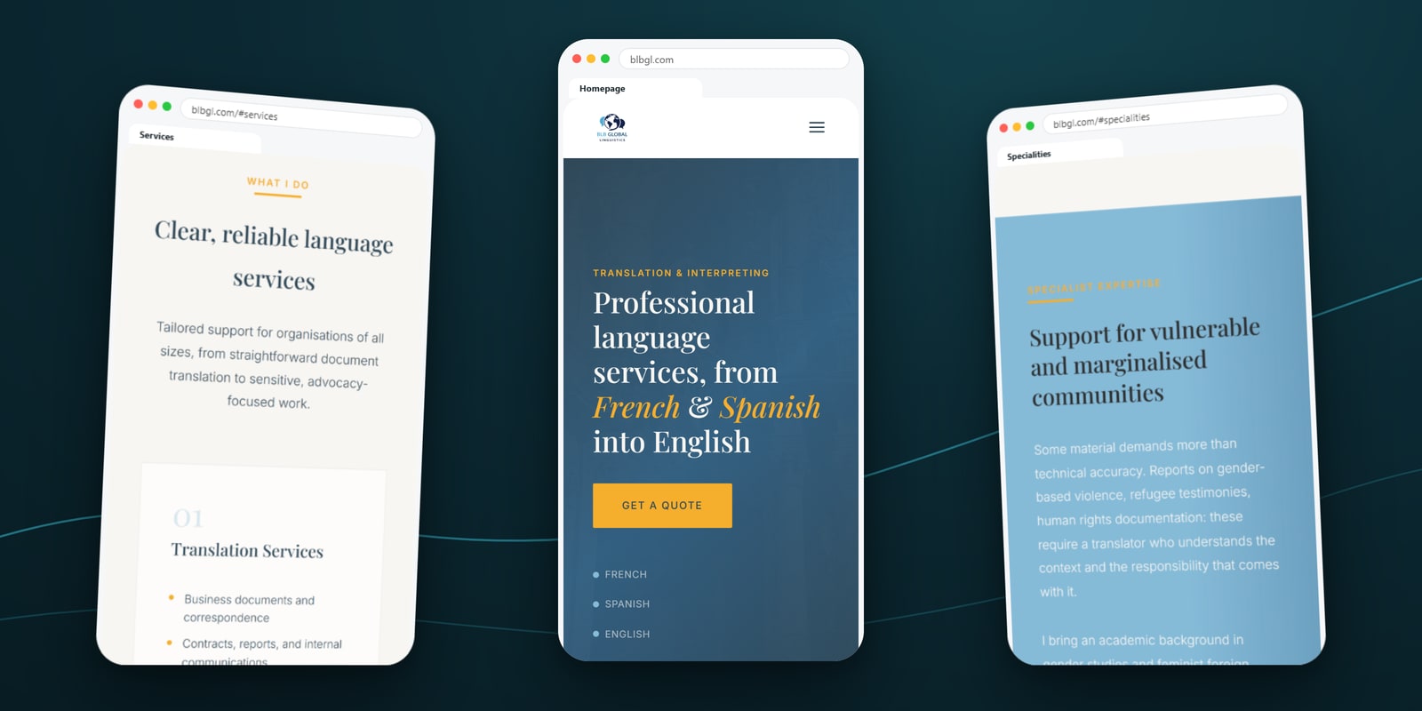 BLB Global Linguistics services, homepage and specialist expertise sections on three mobile phone screens