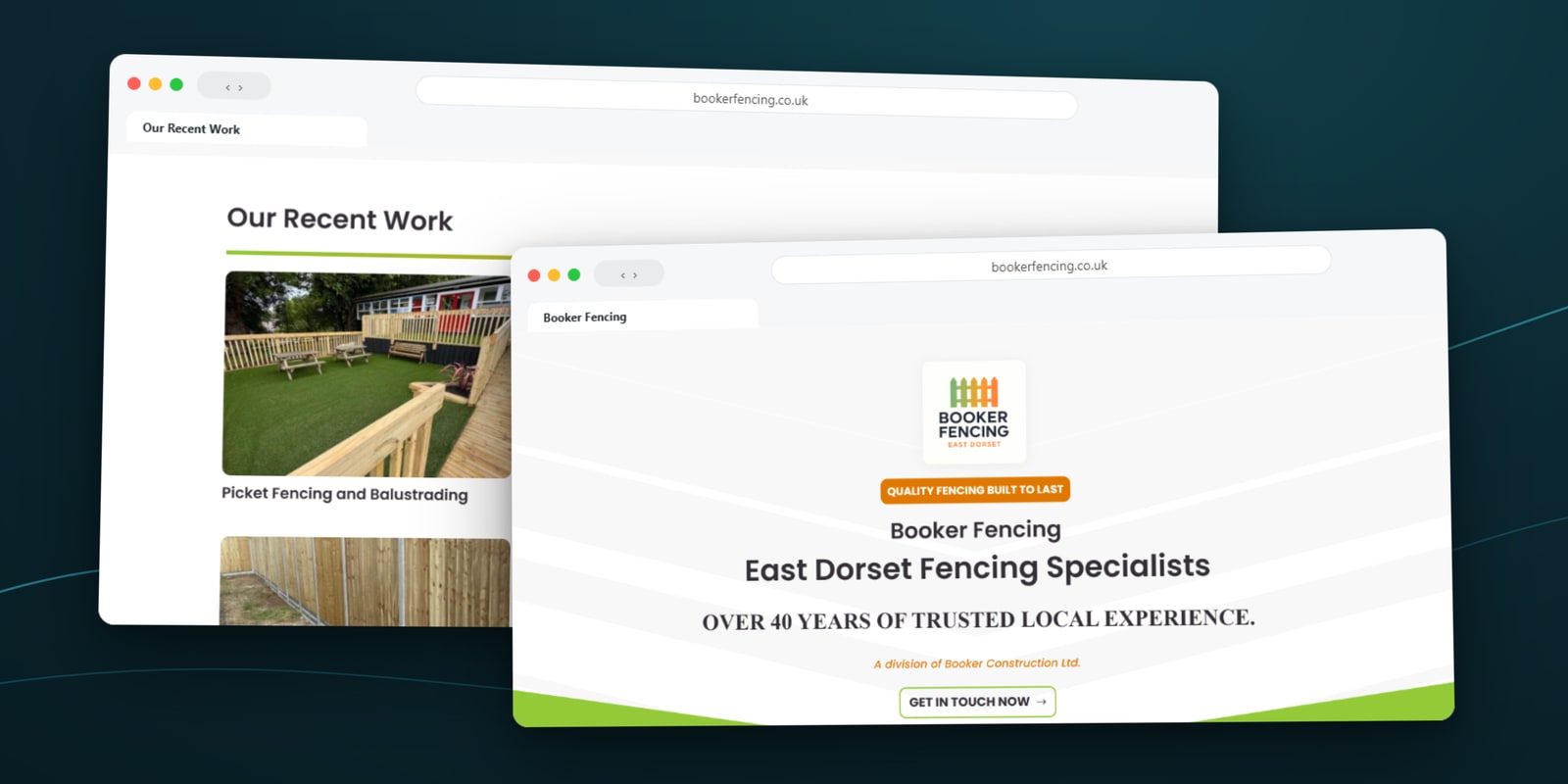 Booker Fencing homepage and recent work gallery shown in desktop browser windows