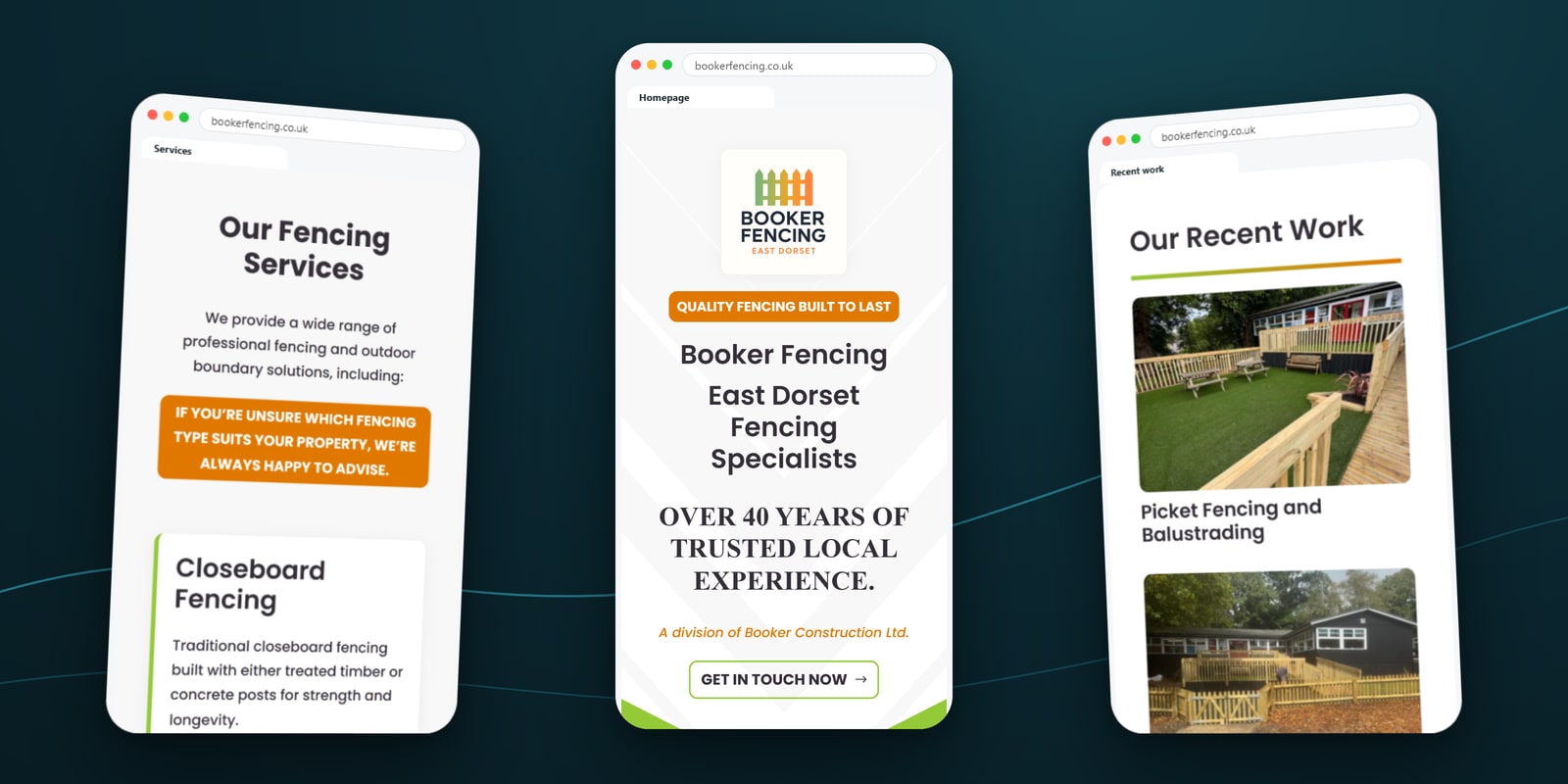 Booker Fencing services, homepage and recent work sections on three mobile phone screens