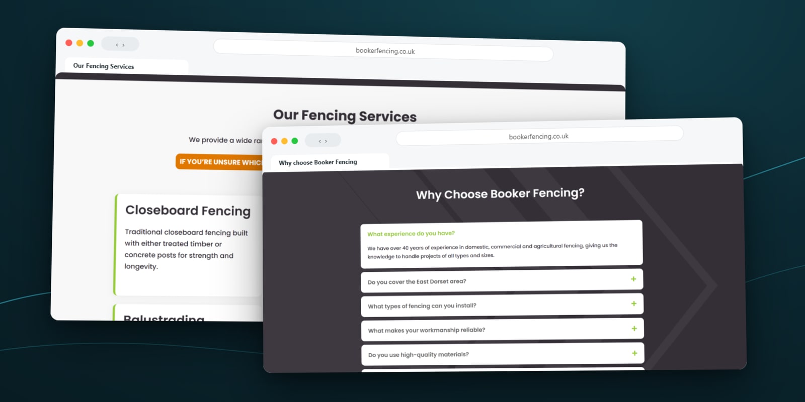 Booker Fencing services cards and the Why Choose Booker Fencing questions section