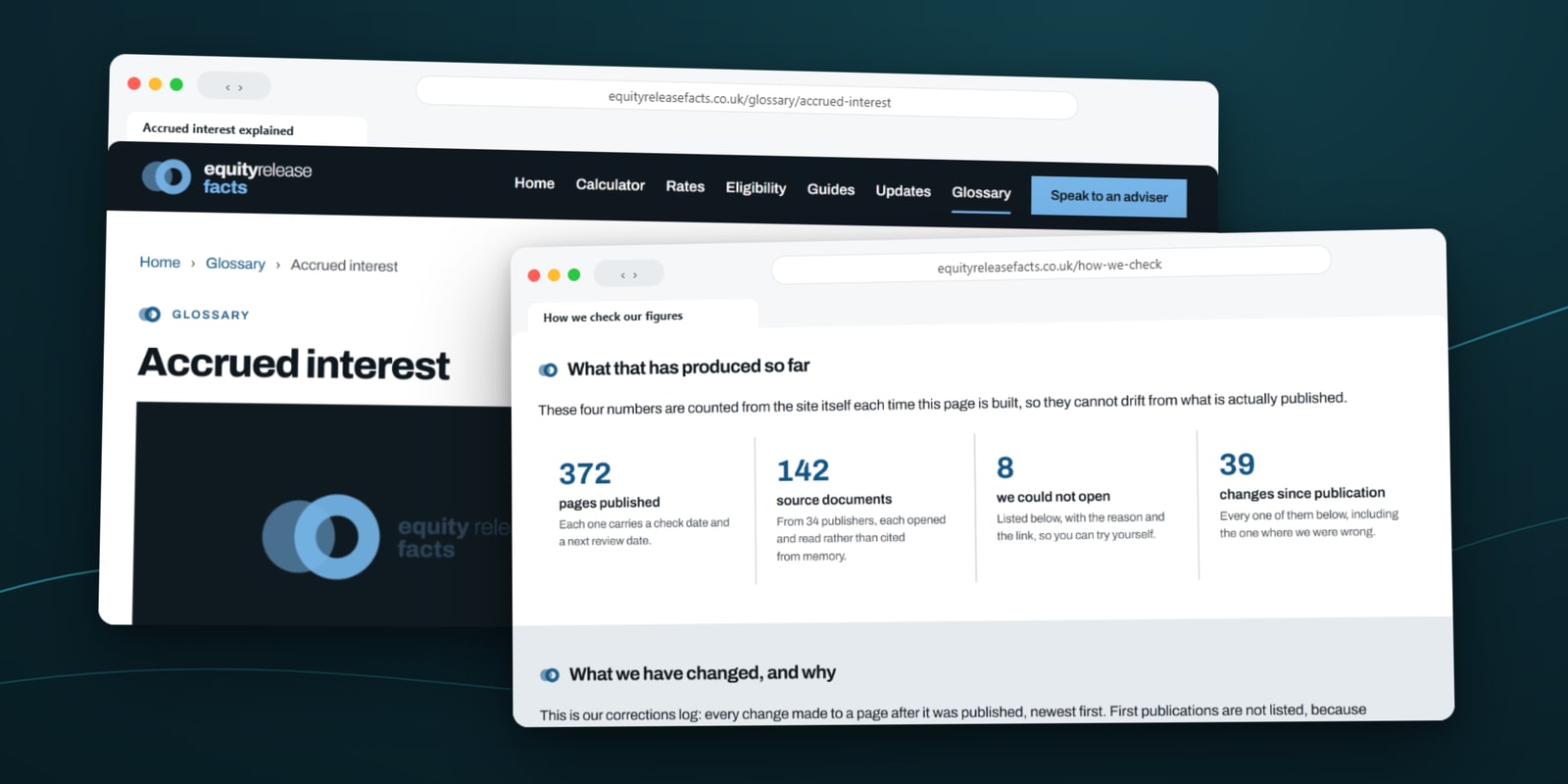 Equity Release Facts glossary page with an explainer video, and the How we check our figures page with its published totals