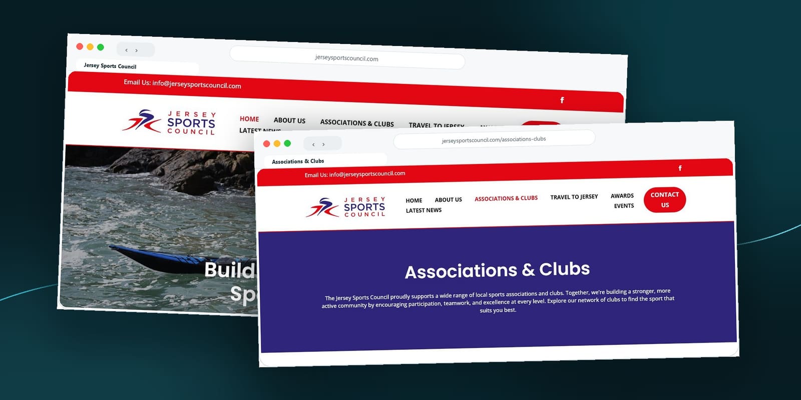 Jersey Sports Council website shown on desktop screens