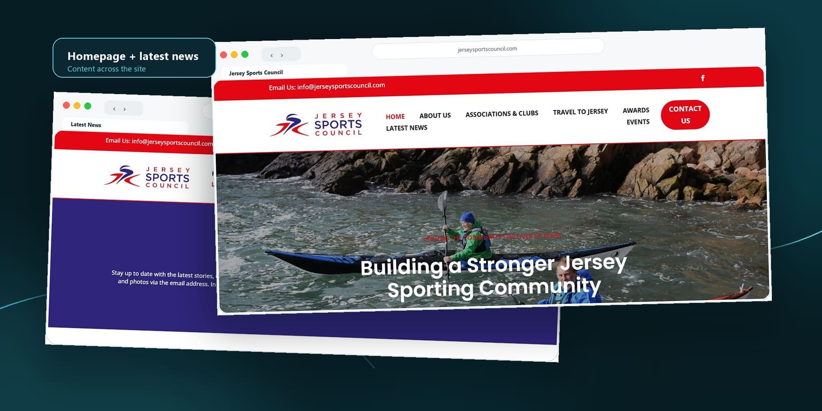 Jersey Sports Council homepage and club pages shown on mobile phone screens