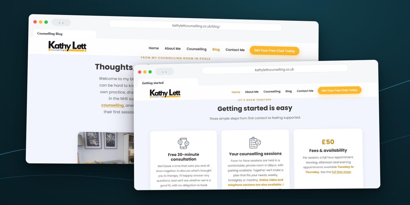 Kathy Lett Counselling blog and the getting started section showing the free consultation and £50 fee