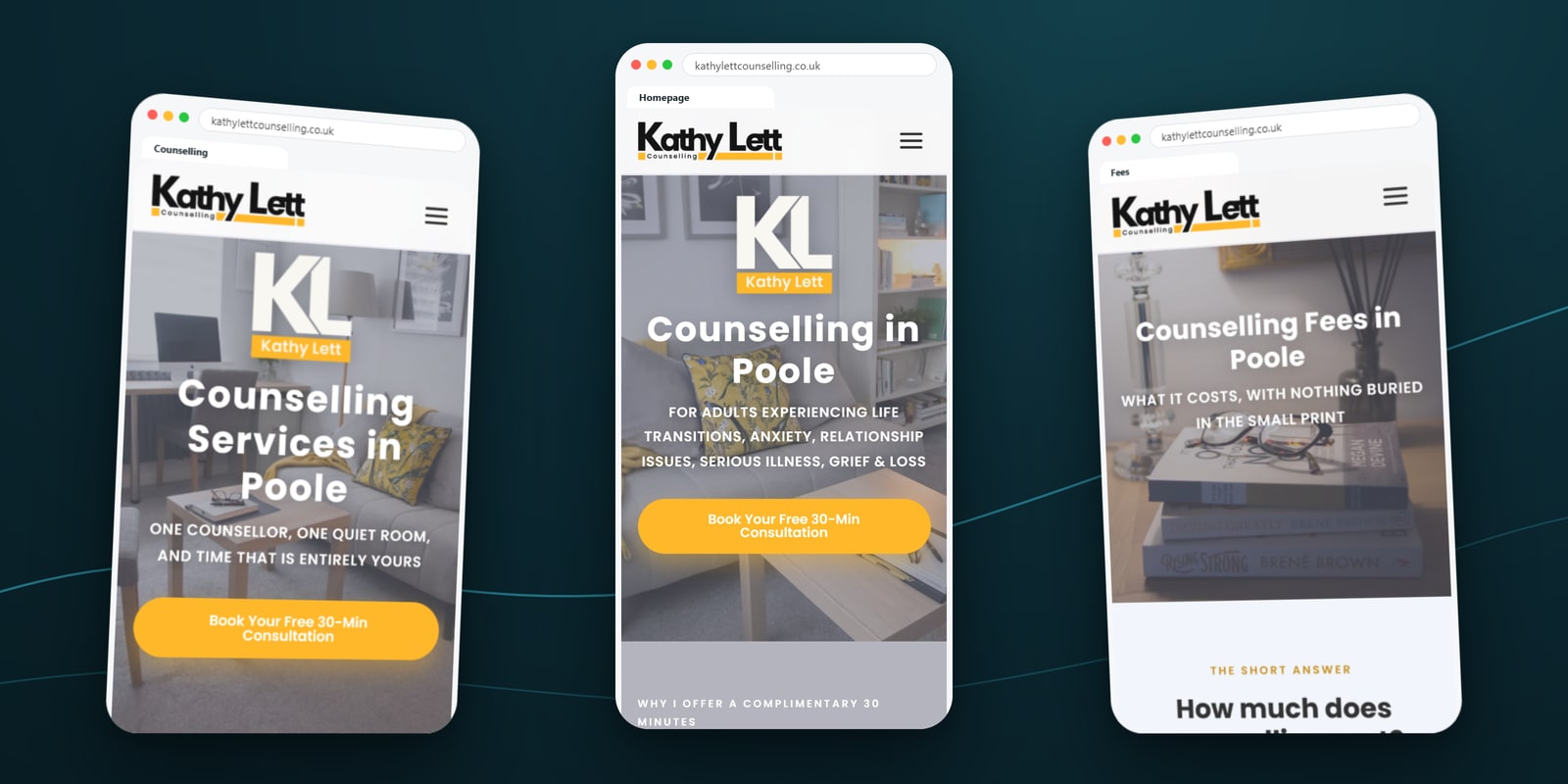 Kathy Lett Counselling services, homepage and fees pages shown on three mobile phone screens