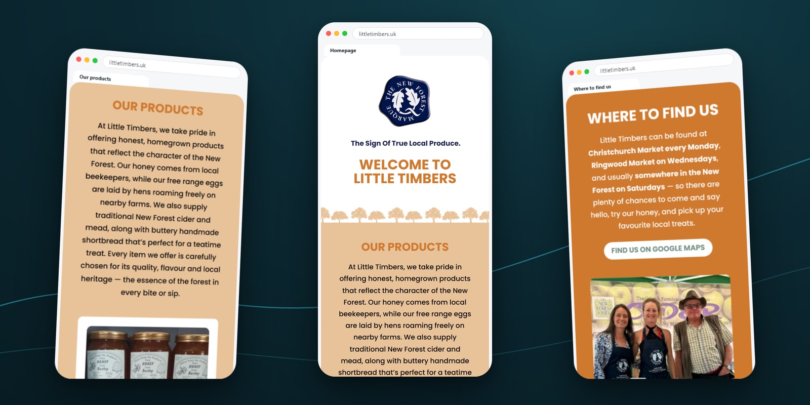 Little Timbers products, homepage and where to find us sections on three mobile phone screens