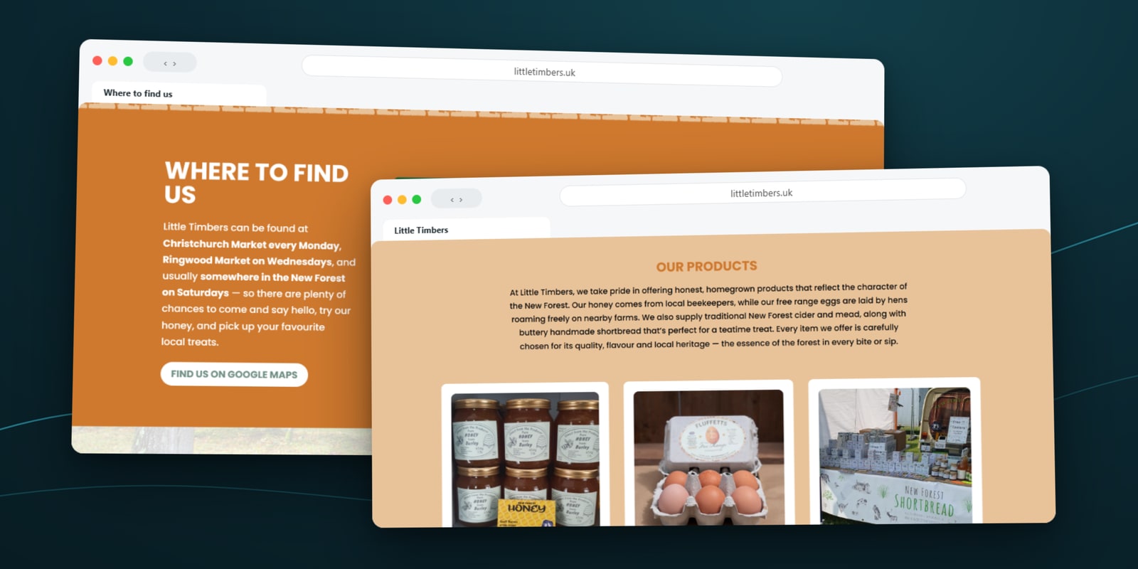 Little Timbers products and where to find us sections shown in desktop browser windows