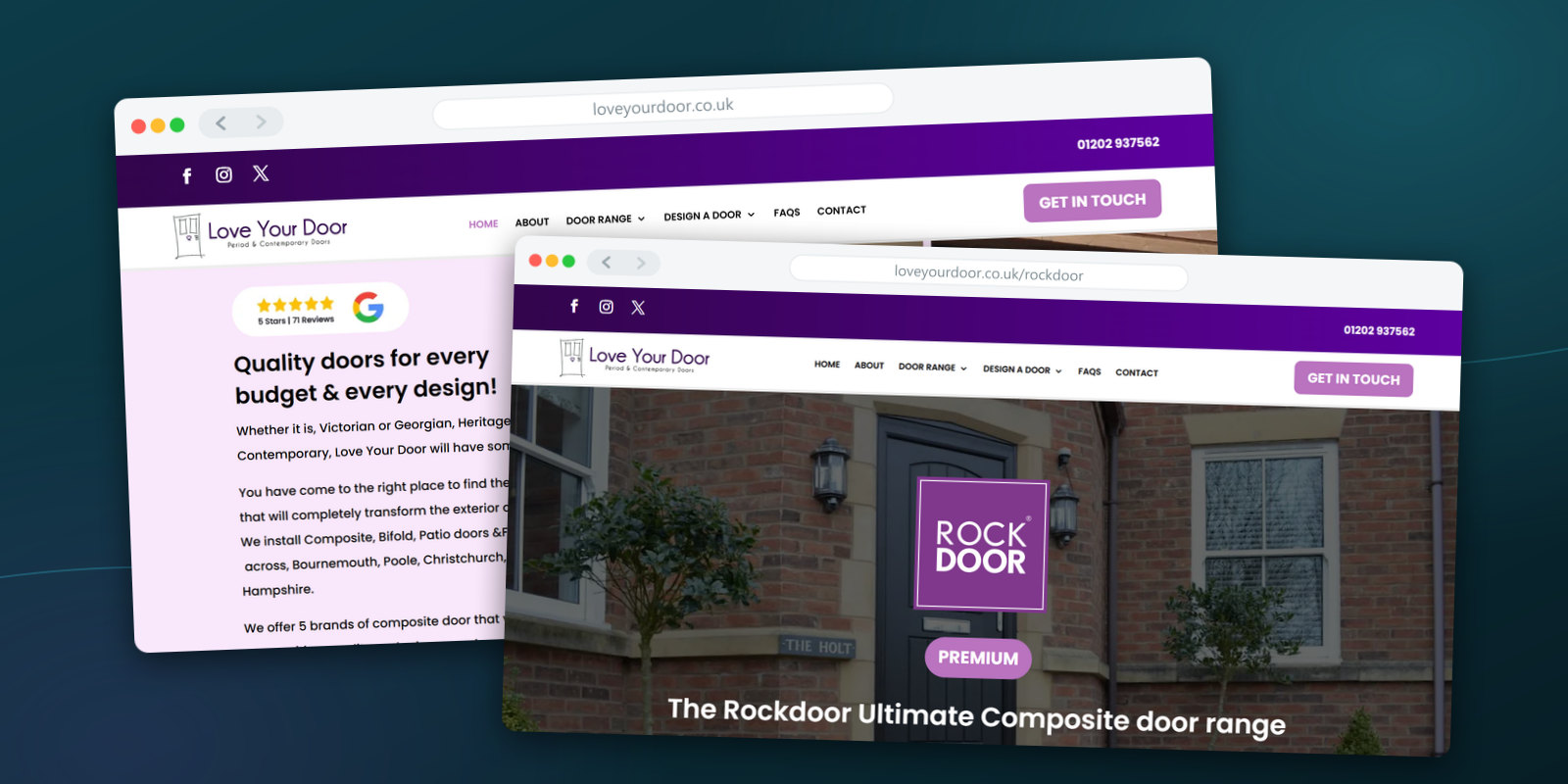 Love Your Door homepage and the Rockdoor composite door brand page in desktop browser windows