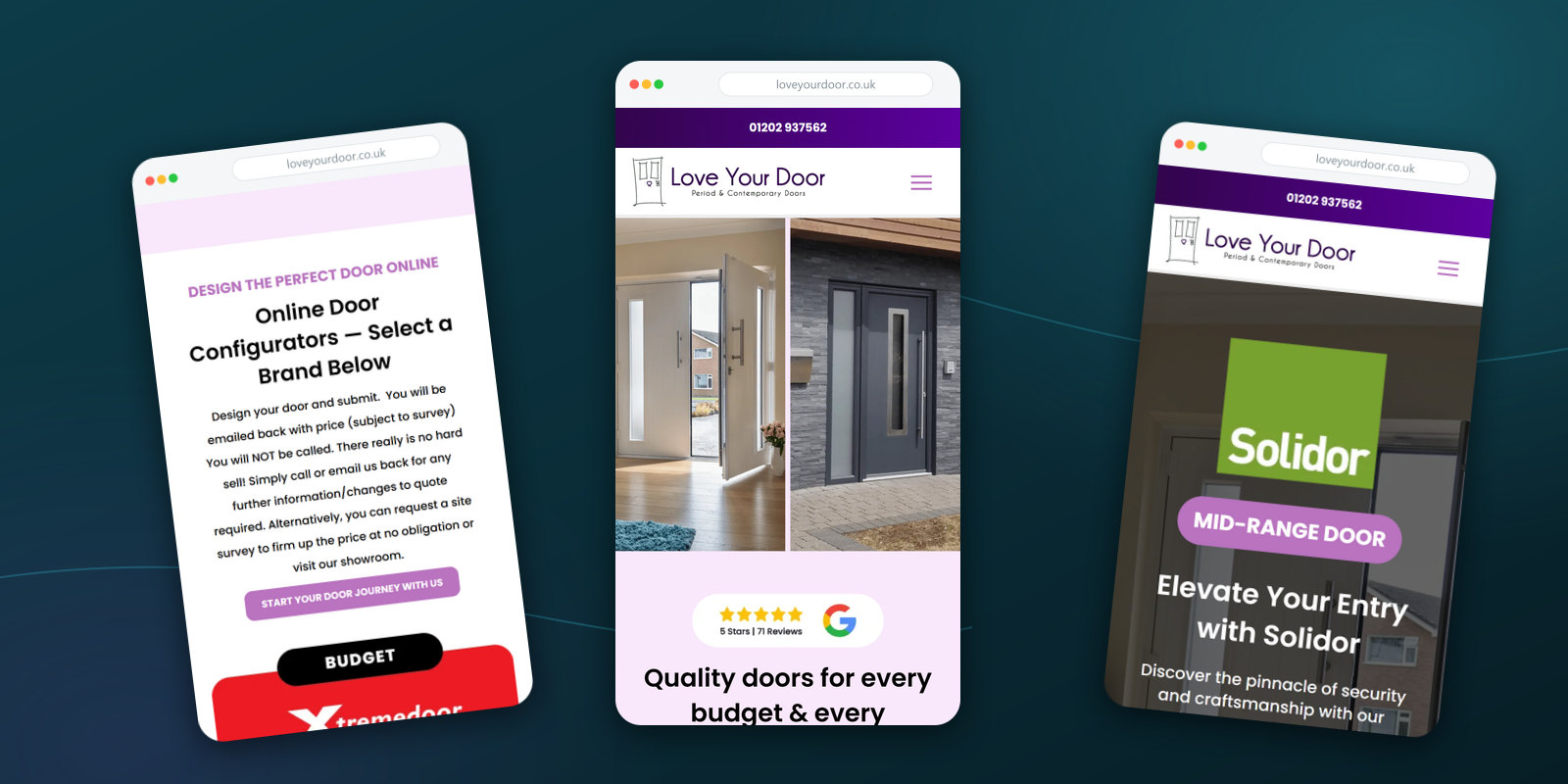 Love Your Door homepage, configurator picker and Solidor brand page shown on three mobile phone screens