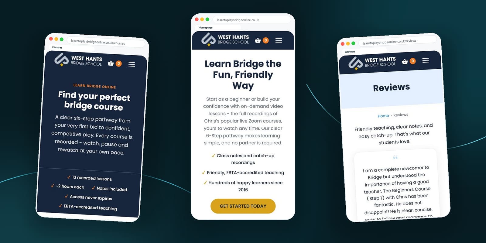 West Hants Bridge School course pages and reviews shown on three mobile phone screens
