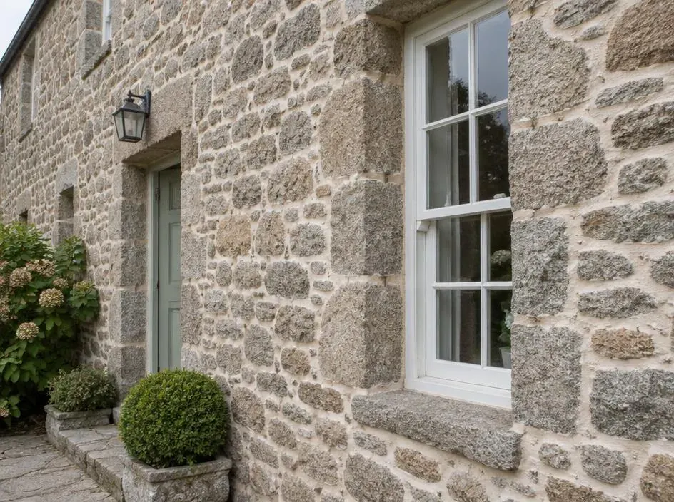 Traditional heritage granite property restored and repointed with white lime mortar joints