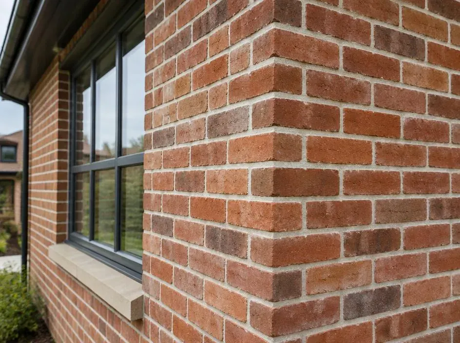 Modern new-build red brickwork with white lime mortar pointing