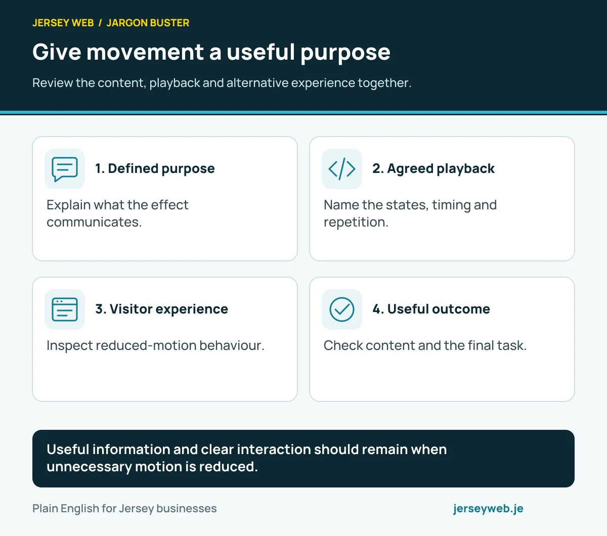 Give movement a useful purpose. Review the content, playback and alternative experience together.