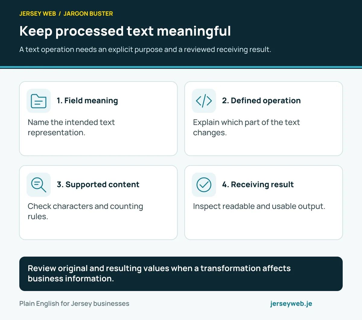Keep processed text meaningful. A text operation needs an explicit purpose and a reviewed receiving result.