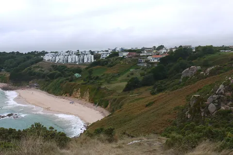 A rocky grassy hillside slopes towards a sheltered sandy bay beneath trees and distant pale buildings.