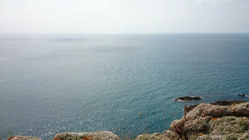 A calm blue sea meets a pale hazy sky beyond a rocky coastal edge with grass and lichen.