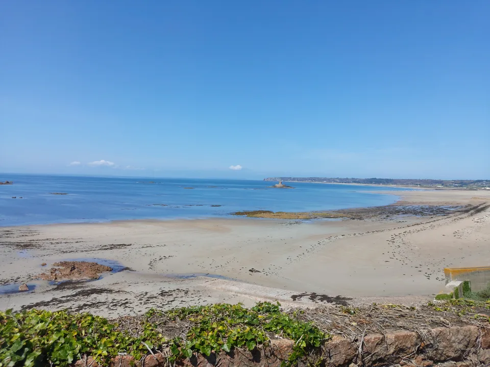 Pale sand, scattered dark rocks and low green coastal plants overlook a blue sea beneath a clear sky.
