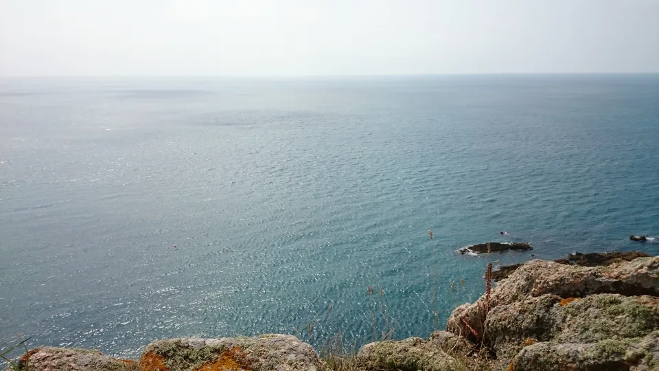 Bright light shimmers across a calm sea above foreground rocks and sparse coastal grass beneath a hazy sky.