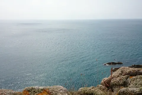 Bright light shimmers across a calm sea above foreground rocks and sparse coastal grass beneath a hazy sky.