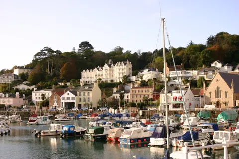 St Aubin waterfront buildings and boats in the harbour in Jersey